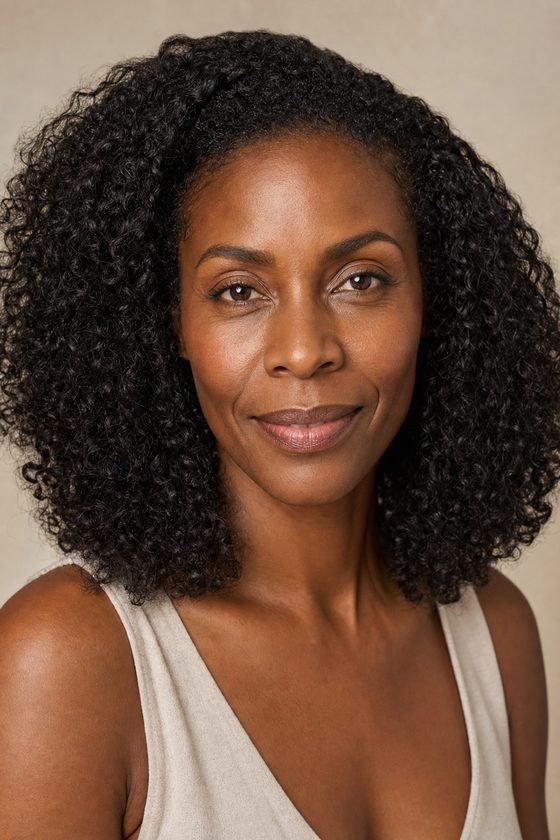 Confident woman in her mid-40s with natural curls